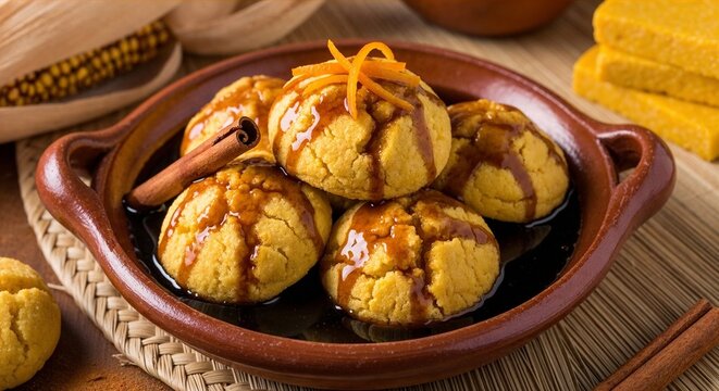 Honduran rosquillas en miel in clay cazuela with cornmeal biscuits soaking in dark syrup in appetizing close-up