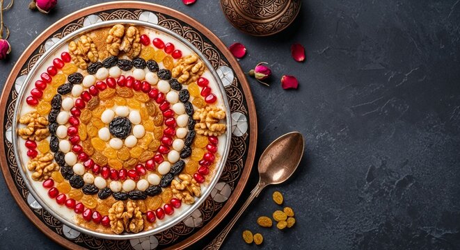 Turkish aşure Noah&rsquo;s pudding with intricate mandala topping of fruits and nuts