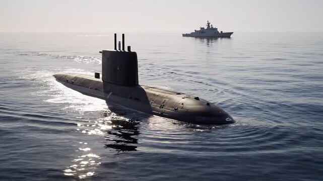 Submarine surfaces in calm ocean waters with a warship in the background Keywords: submarine, navy