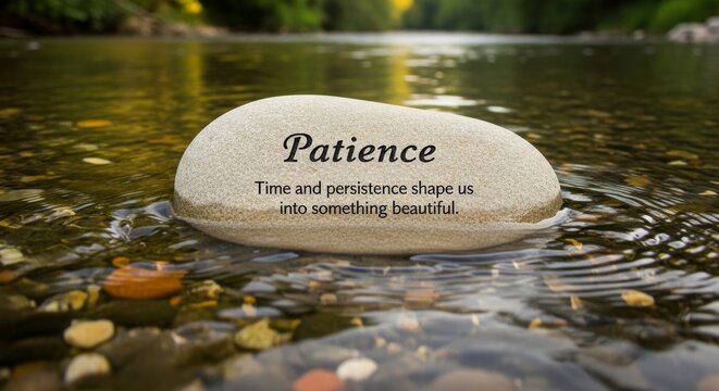 Stone with Patience inscription in flowing water