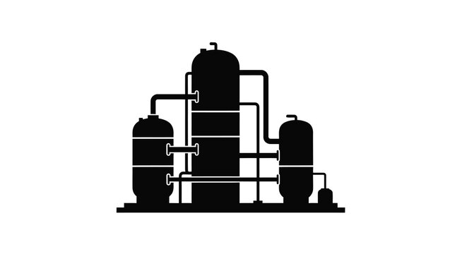 A black silhouette depicts an industrial distillation column with connected tanks and piping high quality professional
