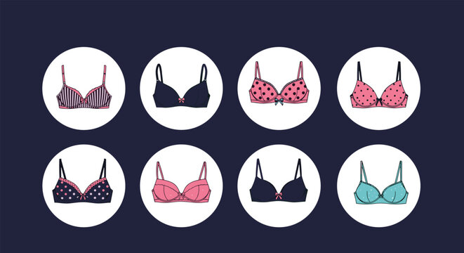 Collection of eight different women's bra styles shown as circular icons on a solid dark blue background for a catalog.