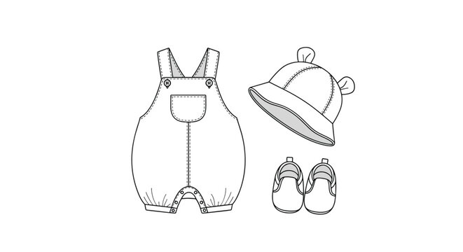Fashionable set of baby clothing outlines including a cute romper, sun bucket hat with ears, and comfortable little shoes.