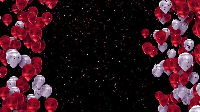 Floating red and balloons forming festive frame falling confetti on dark background, Valentine celebrations, romantic greetings, party invitations, love themed videos or festive social media visuals