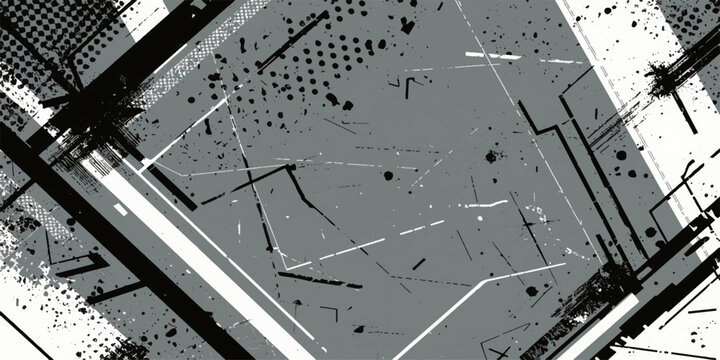 An abstract black and white grunge background integrates industrial metal textures with engineering drawing elements to create a modern technology design plan for business and computer industries
