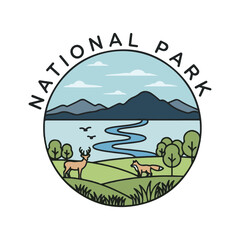 Fototapeta premium Beautiful Landscape of a National Park Featuring a River, Mountains, Forest, Deer, and Fox in a Circular Emblem Design