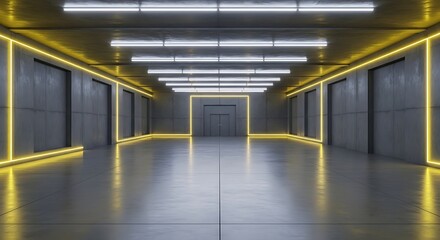 Naklejka premium A symmetrical modern corridor with gray walls, lit by yellow & white linear lights, many closed doors
