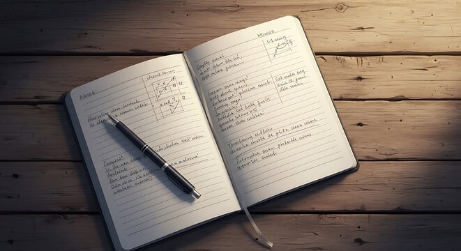 A top-down shot of an open notebook with handwritten notes and a pen on a wood surface