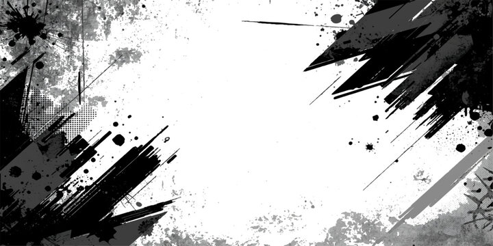 Black ink splat and paint spray drips form an abstract grunge background with a dirty splatter texture and liquid brush stroke elements for an artistic vector border design
