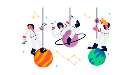 Astronauts in space suits swinging on ropes around planets and stars © logo master