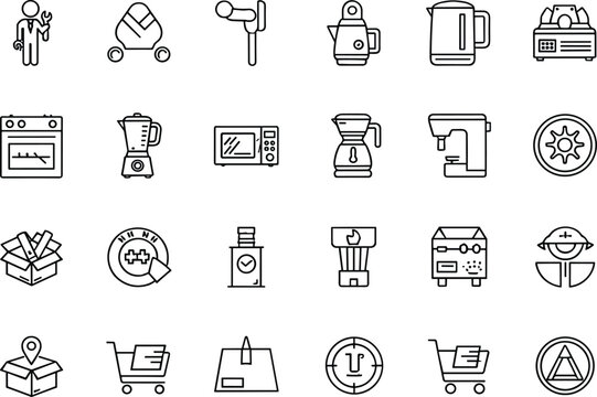 Universal Line Icons Set with Tools Appliances Delivery Shopping and Service Symbols Outline Vector Illustration Collection