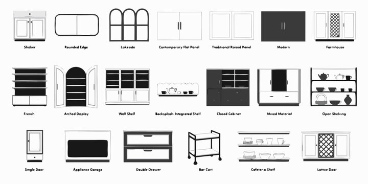 Set of various kitchen cabinet styles and storage shelving units with shelving furniture cupboard interior woodwork organization minimalist installation fixtures hardware architectural