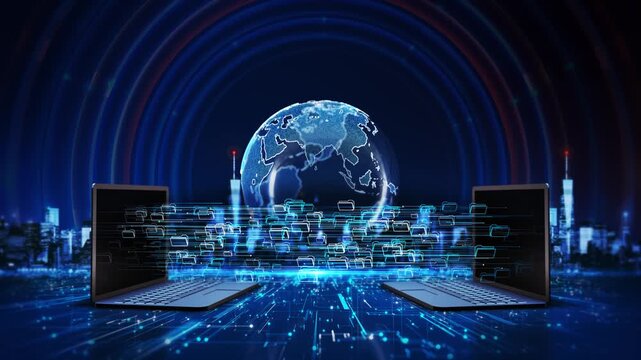 Global Data Transfer Network Laptops Digital Exchange exchanging digital files earth network connections data transfer cloud , business technology, file sharing, cloud computing services workflow 3D