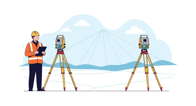 Civil engineer in safety gear uses a total station on a tripod to perform land surveying and site measurement for construction.