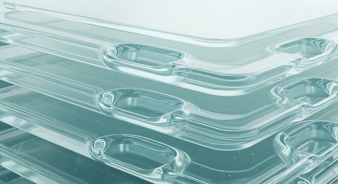 Stack of clear plastic packaging trays abstract background with geometric shapes and clean lines suitable for product display or technology concepts