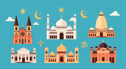 Fototapeta premium Diverse collection of architectural styles for places of worship includes churches, mosques, temples, and synagogues on a blue sky.