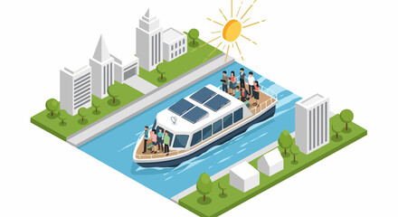 Fototapeta premium Isometric Solar Powered Ferry Boat in Green City - Eco-Friendly Electric Water Transport with Passengers - Renewable Energy Urban Commuting Illustration