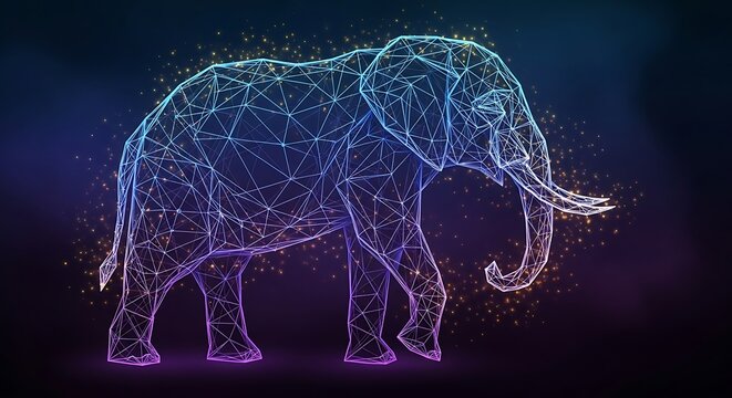 Abstract depiction of an elephant composed of interconnected glowing lines and particles