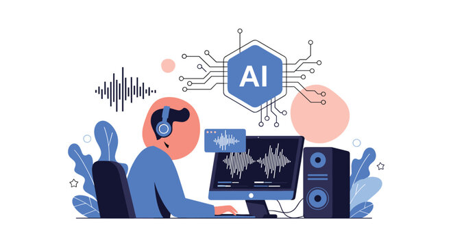 Audio engineer utilizes artificial intelligence technology to process sound waves and compose music on a professional workstation with speakers.