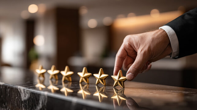 Hand placing the final golden star on a marble table, achieving five star rating, symbolizing peak quality, outstanding service, and excellent customer experience in a luxury setting