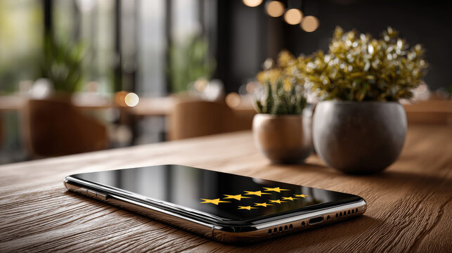 Hand holding a smartphone showing a five star review on screen, representing positive customer feedback, high satisfaction, strong online reputation and successful brand rating management