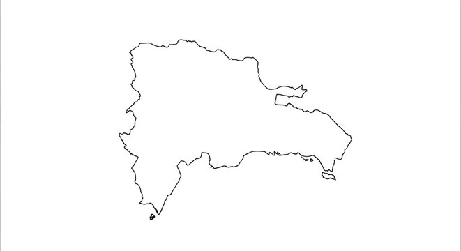 A simple black and white outline depicting the geographical shape of the island of Hispaniola