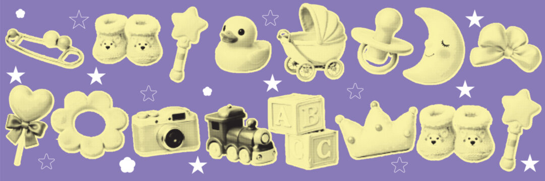 halftone, pop art, dot baby toy collection with duck stroller pacifier, moon socks, and crown, cute nursery set vector illustration