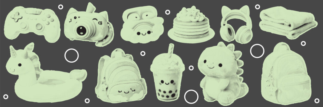 halftone, pop art, dot kawaii, pastel collection with gamepad, camera, headphone, backpack, unicorn drink, and cake cute set vector illustration