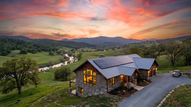 Aerial View of Modern Farmhouse with Solar Panels and Metal Roof at Sunset, Sustainable Living in Rural California Valley with River, Scenic Eco-Friendly Architecture and Luxury Real Estate