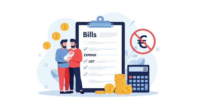 Same sex couple with baby calculating family expenses and monthly bills next to large checklist and gold coins for financial planning.