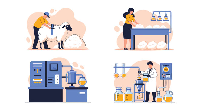 Infographic showing steps of wool production from sheep shearing to laboratory quality testing and manufacturing for textile industry.