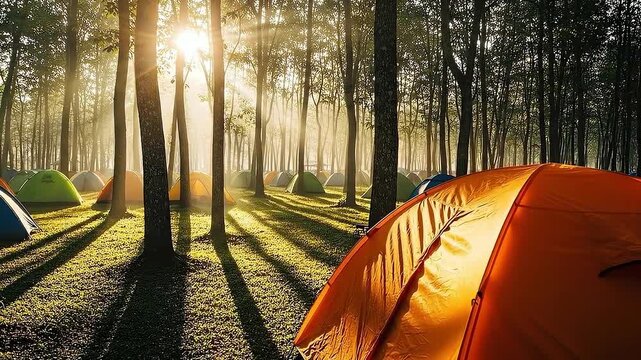 Camping tents in a sunlit forest at sunrise, creating a peaceful and adventurous atmosphere for outdoor enthusiasts