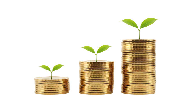 Three stacks of gold coins with green sprouts growing isolated on a transparent background money growth
