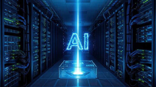 AI powered data center Luminous neon core casting vibrant illumination across secure server arrays and fiber