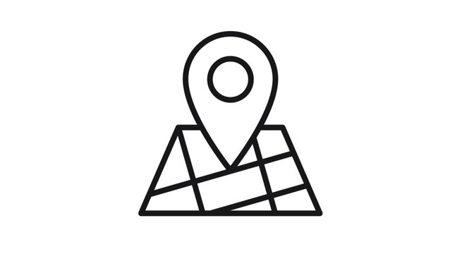 Black vector icon of a map pin location marker on a navigation map grid, minimalist line art illustration for GPS tracking, destination finding, travel planning, and address identification.