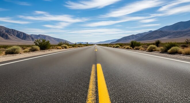 An endless, straight highway stretches towards distant mountains under a blue, cloudy sky