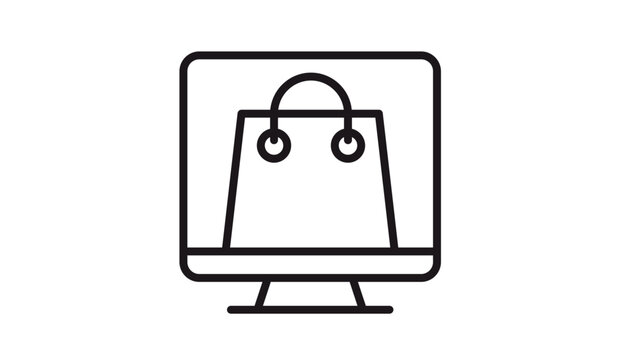 Online Shopping and E-commerce Vector Icon Illustration Featuring a Shopping Bag on a Computer Monitor Screen, Representing Digital Retail, Internet Business, and Web Store Concepts.