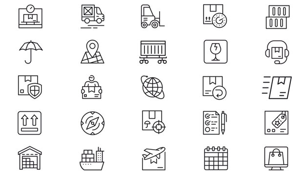 Comprehensive logistics and shipping glyph bundle featuring twenty-five monochrome stroke symbols covering freight trucking, cargo vessels, forklifts, parcel tracking, global trade, and warehouse