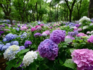Obraz premium Hydrangea flowers blooming in a lush green forest park in Japan