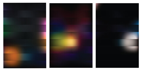 Fototapeta premium A triptych of abstract art pieces featuring blurred colorful lights on dark backgrounds with horizontal lines