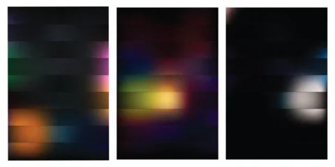 Gordijnen Abstracte kunst A triptych of abstract art pieces featuring blurred colorful lights on dark backgrounds with horizontal lines  © Mohammad