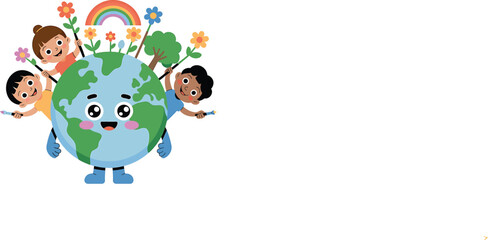 Naklejka premium Cartoon earth character with happy children and rainbow children character