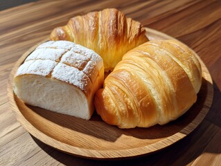 Naklejka premium Freshly baked croissants and sweet bread on a wooden plate