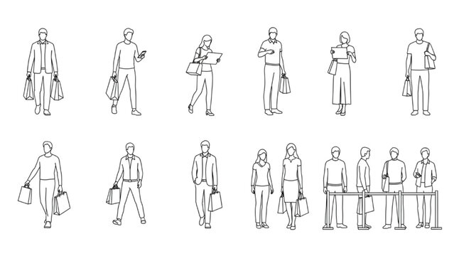 Shopping People CAD Block Set with Retail Customers, Queue and Bag-Carrying Figures for Commercial Interior Elevation Drawings
