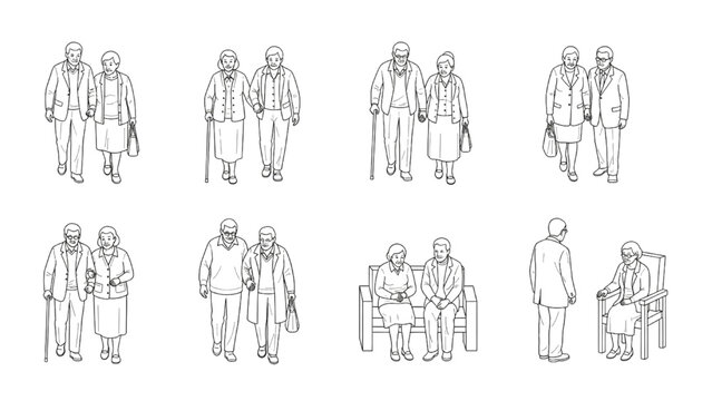 People CAD Block Set for Architectural Elevation and Interior Design Drawings &ndash; Elderly Couple Outline Vector Collection
