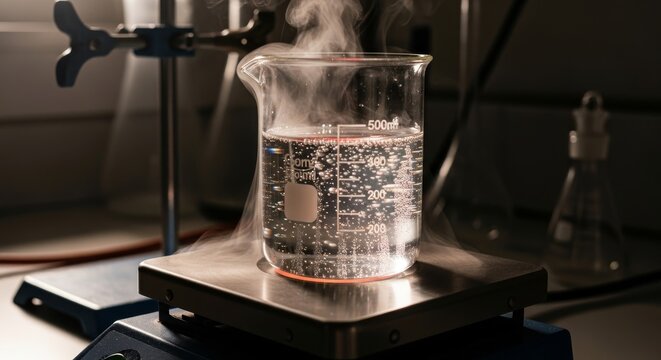 Boiling liquid in beaker on hotplate in laboratory