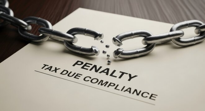Tax due compliance penalty document, broken metal chain on financial paper, debt relief and legal freedom concept, IRS audit and tax law resolution