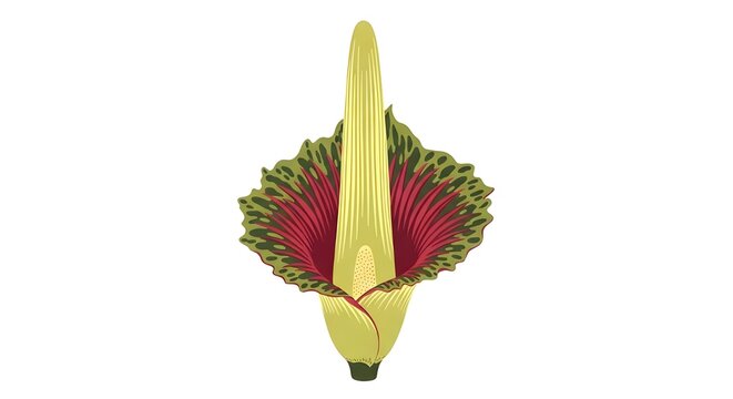 A detailed illustration of the Amorphophallus titanum, also known as the Titan Arum or corpse flower, showcasing its massive spadix and large maroon spathe.