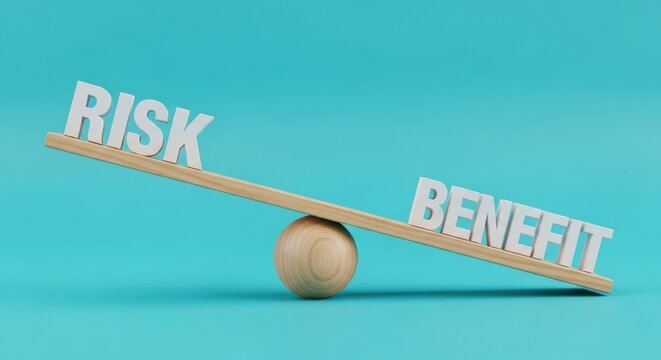 Risk and benefit words on wooden seesaw, financial balance and decision making concept, wooden scale on blue background, business risk assessment