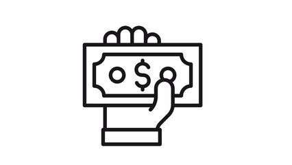 Minimalist black line art vector icon illustration of a human hand holding a dollar bill banknote, representing cash payment, financial transaction, salary, profit, or currency exchange symbol. © MdYesin